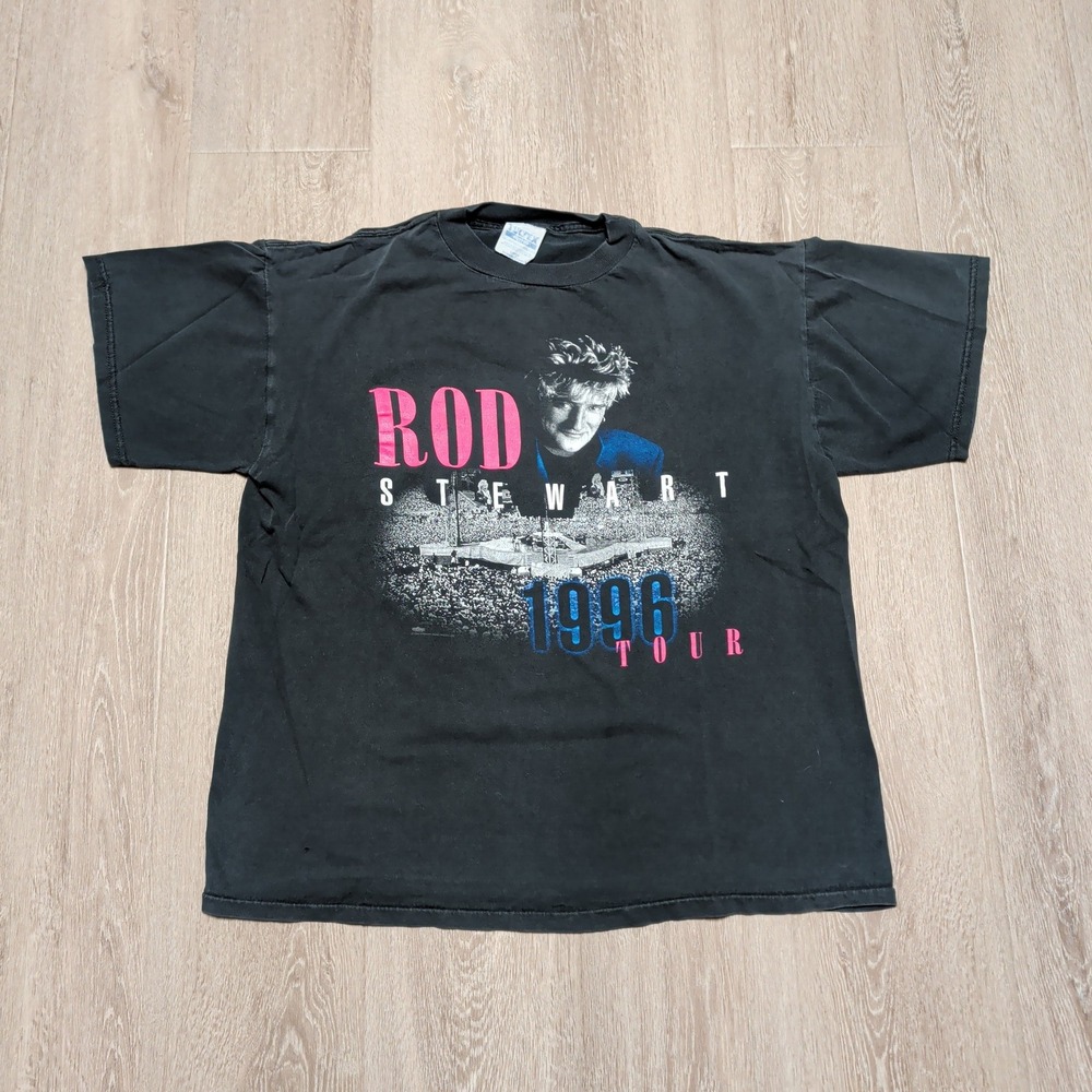 Vintage Rod Stewart 1996 In The Round Tour T-Shirt Mens‎ L Tultex Black 90s Tee